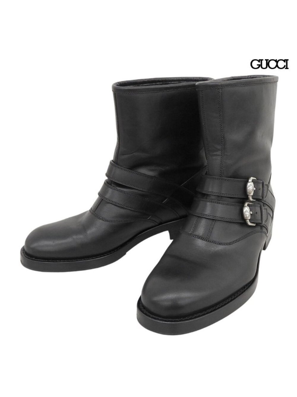 Gucci Leather Strap Biker Boots with Fleece Black 35.5